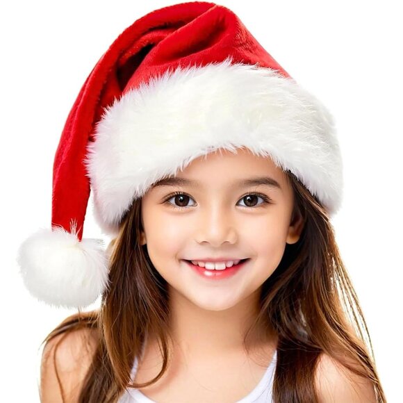 Christmas Santa Hat for Kid, Red Velvet Double Layer Xmas Holiday Party Hat - Picture 1 of 7